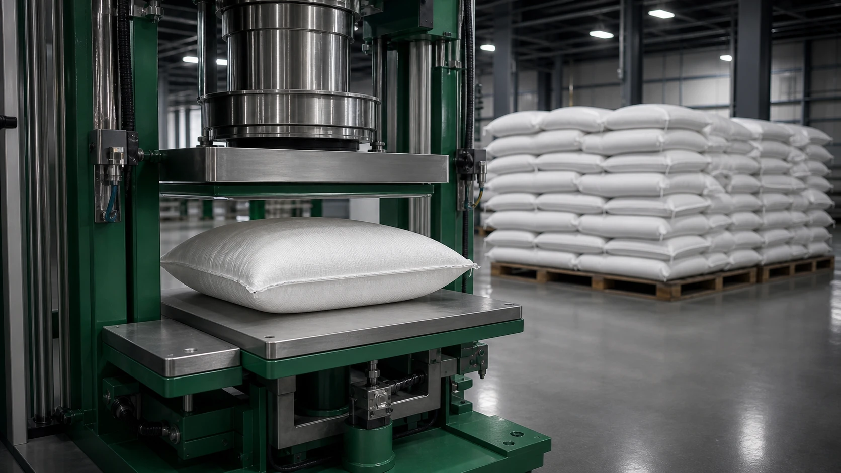 Standard polypropylene sacks undergoing controlled compression testing